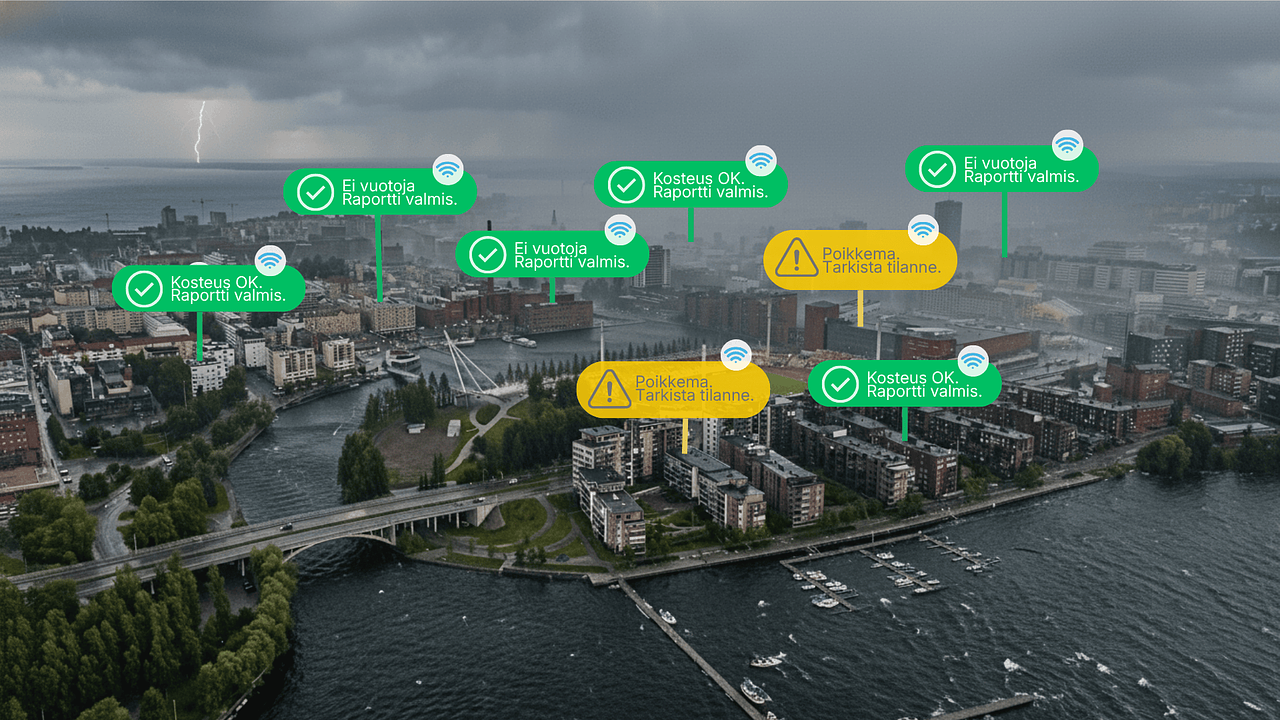 Älykäs vuotovahti valvoo kiinteistöjä myrskysäällä Tampereella. Sensor Innovation -sensorit raportoivat kattojen kosteustilanteen reaaliajassa.